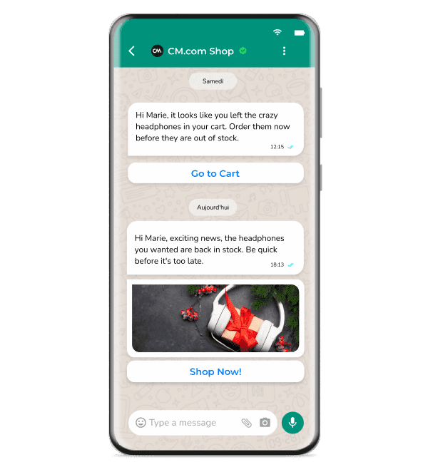 Conversation WhatsApp avec le chat bot de CM.com pour acheter un casque.